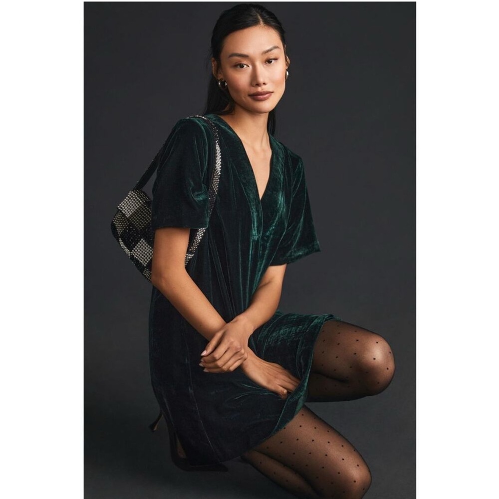 Anthropologie Sunday in Brooklyn sz M Nancy Tunic Green Velvet Dress popover